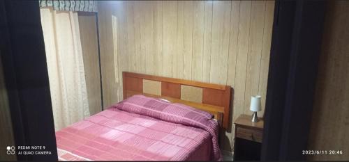 1 dormitorio con cama rosa y ventana en CASA ISLA MOTA en Valdivia