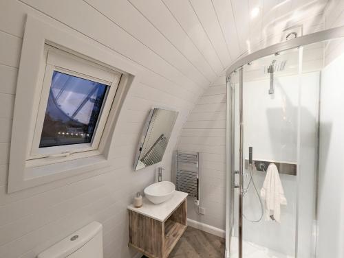 a white bathroom with a sink and a shower at Gopsall Hall Farm in Atherstone