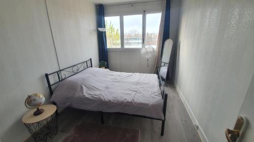 Charmant et Spacieux Appartement في Le Pré-Saint-Gervais: غرفة نوم صغيرة بها سرير ونافذة