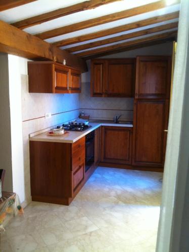 a kitchen with wooden cabinets and a stove top oven at Cav Costa degli Etruschi in San Vincenzo