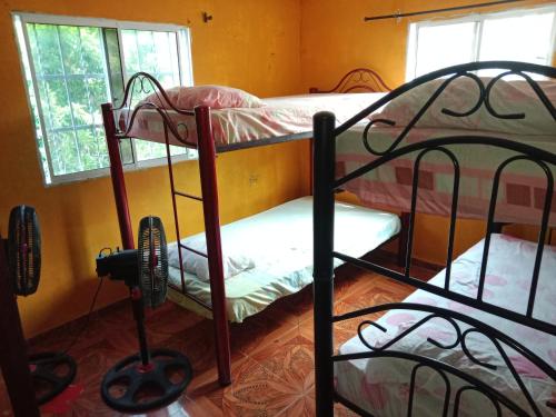 two bunk beds in a room with a window at Alojamiento Casa Luz Cielo in Puerto Colombia