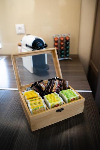 a crate filled with different types of food on a table at Villa Aggemari in Apidias Lakos