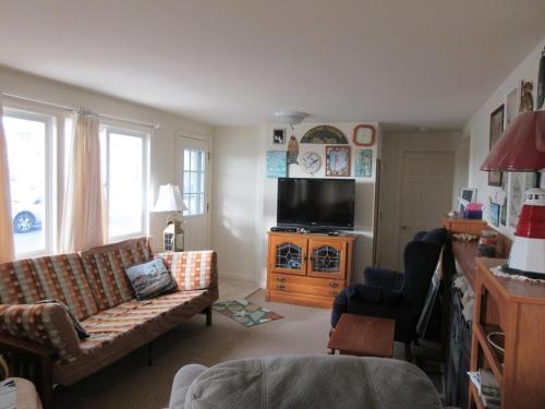 a living room with a couch and a television at Oceanfront Duplex, 3 Bedrooms, 1 12 Baths in Brant Beach