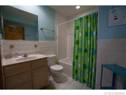 La salle de bains est pourvue d'un lavabo, de toilettes et d'un rideau de douche. dans l'établissement 5393 Shingle, à Beach Haven