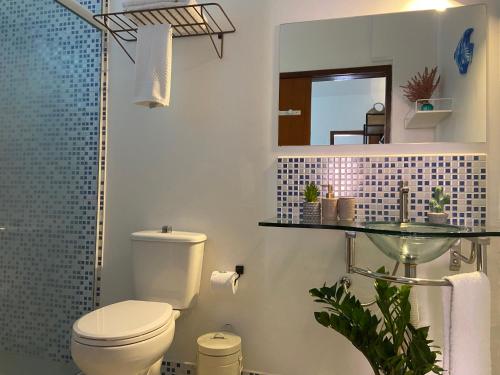 a bathroom with a toilet and a shower with a mirror at Residencial Jurerê Belo in Florianópolis
