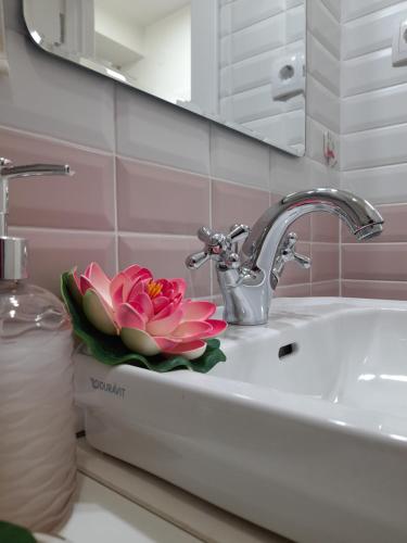 a bathroom sink with a pink flower on it at Apartman Talija in Kragujevac