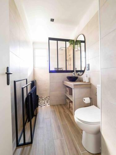 une salle de bain avec toilettes, lavabo et miroir dans l'établissement Au cœur des Pyrénées bigourdane, à Lau-Balagnas