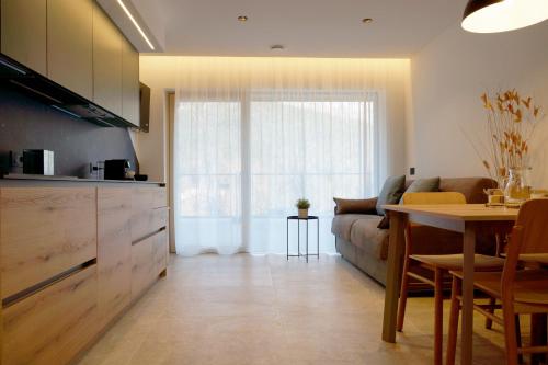 Chalet Larix Andalo Deluxe Apartments في أندالو: مطبخ وغرفة معيشة مع أريكة وطاولة