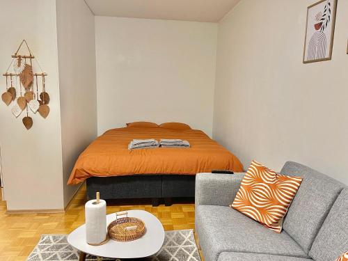 a bedroom with a bed and a couch and a table at Puma's central flat in Helsinki in Helsinki