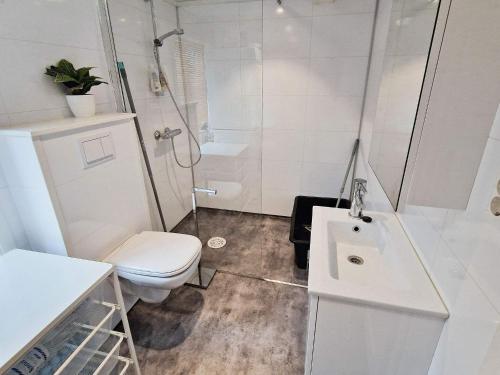 Baño blanco con aseo y lavamanos en Holiday home Averøy VII, en Averoy