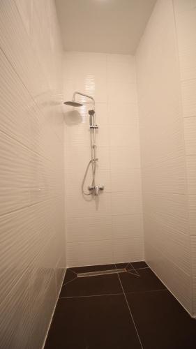 baño con cabina de ducha y paredes blancas en Cozy rooms in Liesing, en Viena