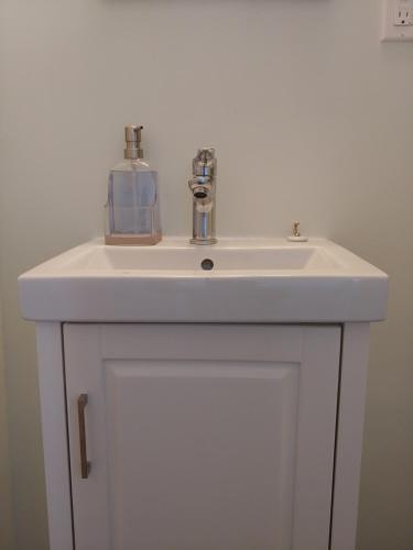 a white bathroom sink with a soap dispenser on it at Room with private bath across train station in Burlington