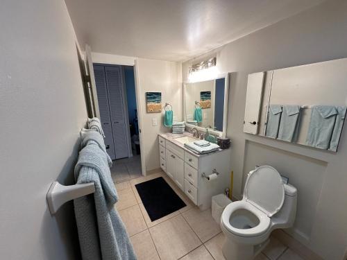 a bathroom with a toilet and a sink and a mirror at Oceanfront Penthouse with Loft in Kailua-Kona