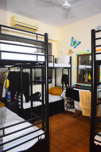 a room with three bunk beds and a butterfly on the wall at Prince Solo Hostel in Mumbai