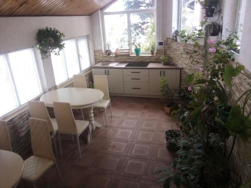 cocina con mesa, sillas y ventanas en Vyshenka Guest House, en Yaremche