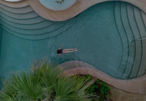 a person swimming in a pool in a building at Hotel Indigo La Paz Puerta Cortes by IHG in La Paz