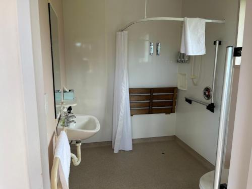 uma casa de banho branca com um lavatório e um chuveiro em Carrickfergus Cottage Unit 1 em Harihari