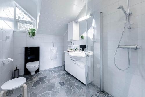 a bathroom with a toilet and a sink and a shower at Reisa Lodge in Storslett