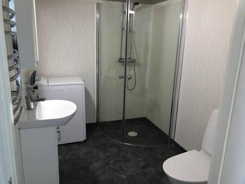 e bagno con doccia, servizi igienici e lavandino. di Lägenhet med uteplats a Karlskoga