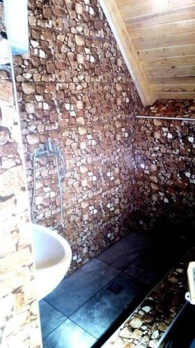 baño con lavabo y pared de ladrillo en Visočica, 