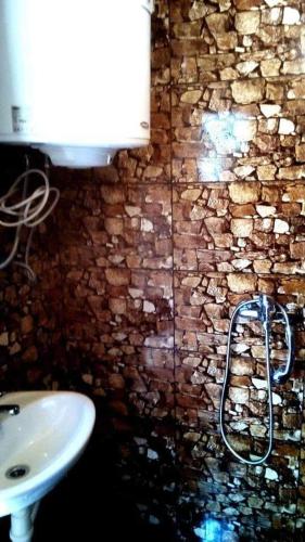 baño con lavabo y pared de piedra en Visočica, 