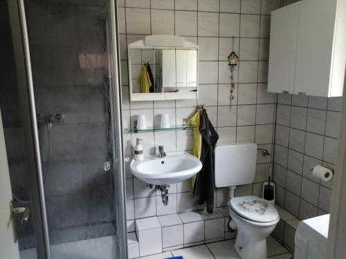 a bathroom with a toilet and a sink at Das Ferienhäusle in Utarp