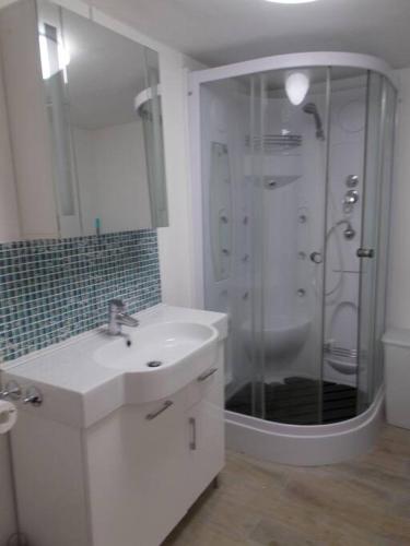une salle de bain blanche avec un lavabo et une douche dans l'établissement La Petite Maison, idéal pour velo,pied,peche,relax, à Mûr-de-Bretagne