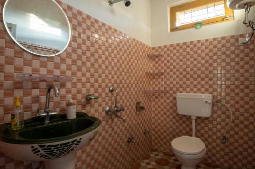 W łazience znajduje się umywalka, toaleta i lustro. w obiekcie Vedant’s B&B w mieście Bir