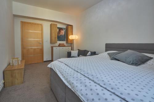 a bedroom with a large bed and a wooden door at Donovaly Residence Apartment 111 in Donovaly