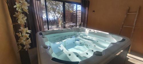 a jacuzzi tub in a room with a window at Maison d'hôtes la Garenne in Puyloubier