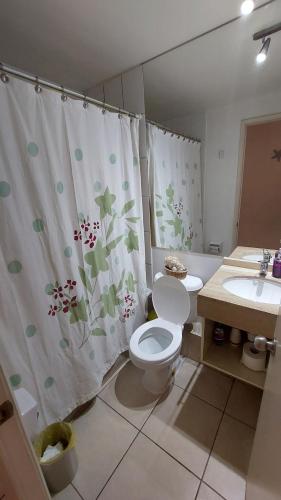 a bathroom with a toilet and a sink and a shower curtain at Espectacular Depto Laguna Vista Algarrobo (3D2B) in Algarrobo