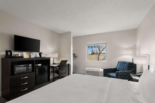 um quarto de hotel com uma cama, uma secretária e uma cadeira em Quality Inn Sarasota I-75 em Sarasota