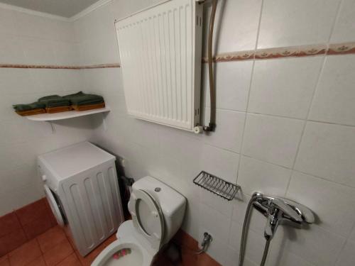 a bathroom with a white toilet and a radiator at Γκαρσονιέρα "Ελευθερία" Παλιά πόλη in Xanthi