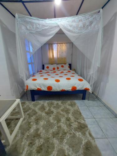 a bedroom with a white canopy bed with a window at Pallicos in Nairobi