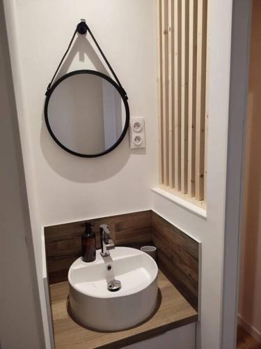 une salle de bain avec un lavabo et un miroir au mur dans l'établissement La petite bascule, à Orléans