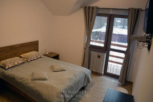 1 dormitorio con cama y ventana grande en Pensiunea Inima Daciei, en Costeşti