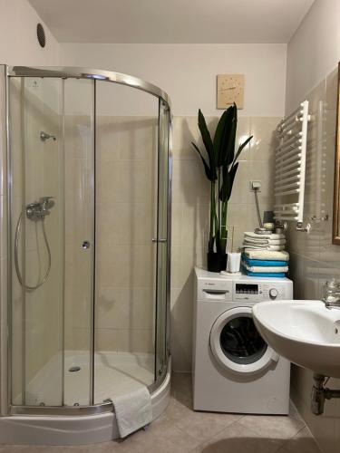 bagno con doccia, lavatrice e lavandino di UNIQUE BEIGE & GOLD Apartments a Kołobrzeg