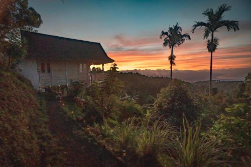 a house with palm trees and a sunset in the background at Garden Terrace Bali in Gobleg