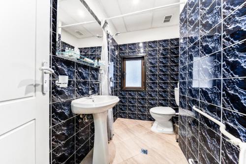 a bathroom with a sink and a toilet at House Shiligarnika in Bansko