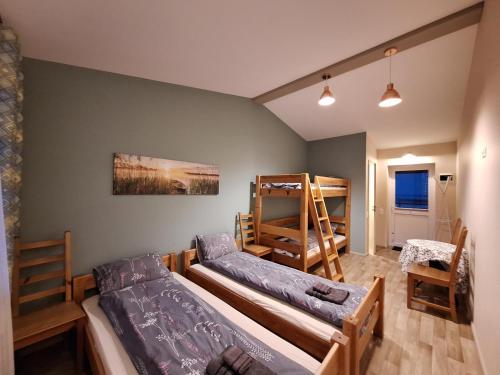 a bedroom with two beds and a bunk bed at Viesu nams ADLERI in Saldus