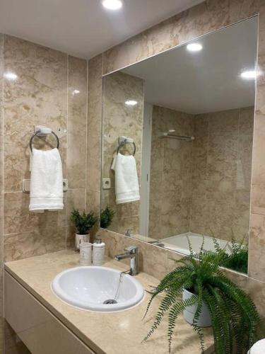 a bathroom with a sink and a large mirror at Apartamento Verde en Sotogrande in Sotogrande
