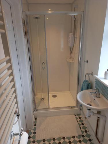 a bathroom with a shower and a sink at Laurel Apartment in Bourton on the Water