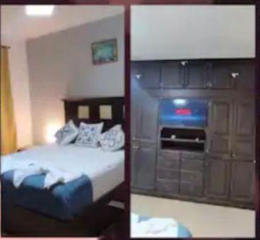 two pictures of a bedroom with a bed and an oven at El Inti in San Fernando del Valle de Catamarca