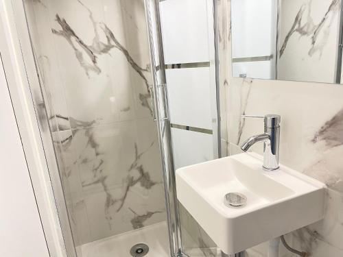 La salle de bains est pourvue d'un lavabo et d'une douche. dans l'établissement Appartement cosy aux portes de Paris, à Alfortville