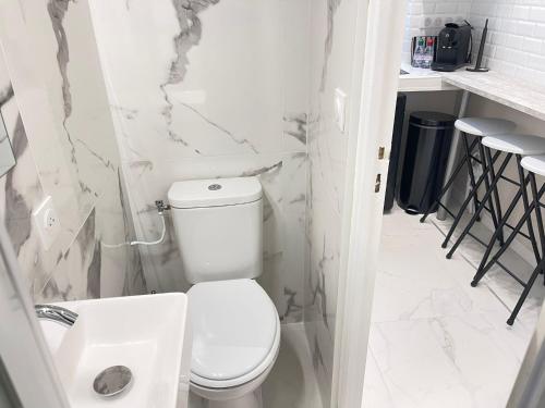 La salle de bains blanche est pourvue de toilettes et d'un lavabo. dans l'établissement Appartement cosy aux portes de Paris, à Alfortville