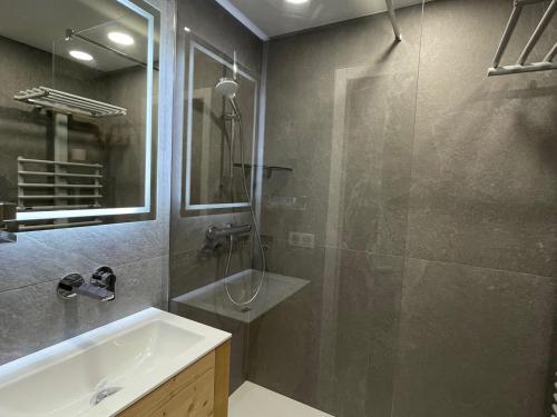 une salle de bain avec une douche, un lavabo et un miroir dans l'établissement Studio cosy 4 pers, rénové 2023, au pied des pistes et commerces à Méribel Mottaret - FR-1-411-382, à Les Allues