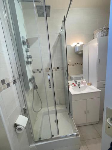 ein Bad mit einer Dusche und einem Waschbecken in der Unterkunft Studio vue mer in Valras-Plage