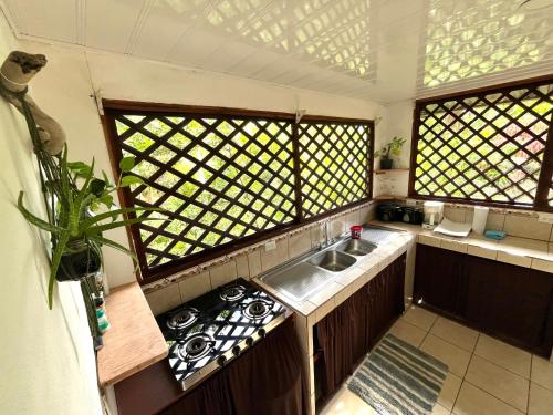 a small kitchen with a sink and a window at Casa Tili TicoExperience on IslaDamas in Quepos