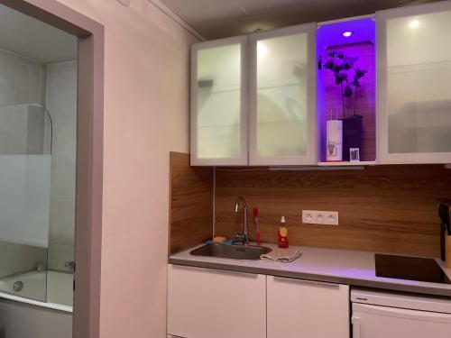 une cuisine avec des armoires blanches et un évier dans l'établissement Appartement au centre historique de Strasbourg, à Strasbourg