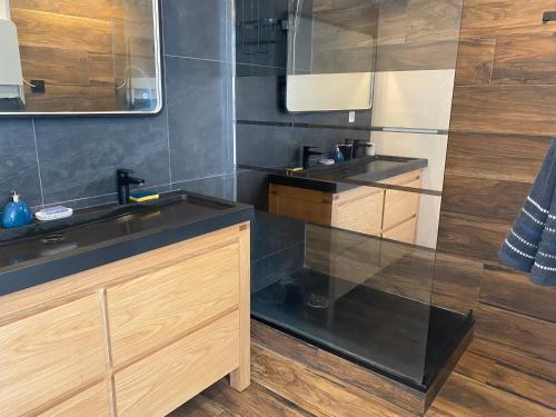 une salle de bain avec deux lavabos et un miroir dans l'établissement Jolie petite maison solognote, à Pierrefitte-sur-Sauldre